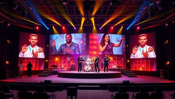 An interactive digital stage featuring a diverse range of event professionals showcasing their talents, from virtual hosts and technical experts to performers and entertainers, surrounded by virtual event elements like stages, lights, and digital screens, illustrating the platform's versatility and event expertise.