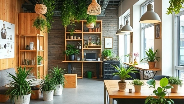 An eco-friendly office space with recycled materials, potted plants, and energy-efficient lighting, reflecting the sustainable ethos of the consultancy and its commitment to environmental responsibility.