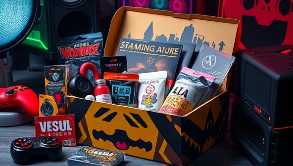 An enticing and colorful gaming subscription box filled with gaming merchandise, collectibles, and accessories, wrapped in themed packaging and surrounded by gaming peripherals, creating a sense of excitement and anticipation for subscribers.