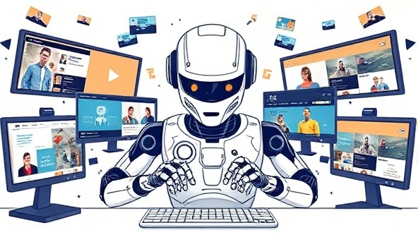 An illustration of a futuristic AI robot typing on a keyboard, surrounded by screens displaying diverse content formats, symbolizing rapid and efficient content creation.