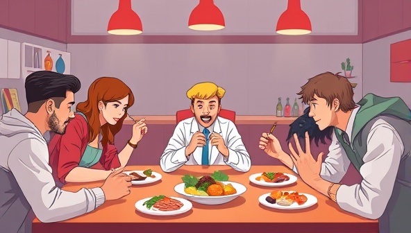 An engaging digital illustration showcasing a virtual food tasting session with participants from different backgrounds tasting and discussing various dishes on a shared online platform, creating a dynamic and interactive culinary experience.