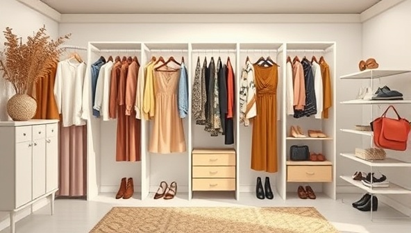 An aesthetic virtual wardrobe setup with digital style boards, clothing racks, and accessory displays, creating a visually appealing and personalized styling experience for clients seeking fashion inspiration and guidance.