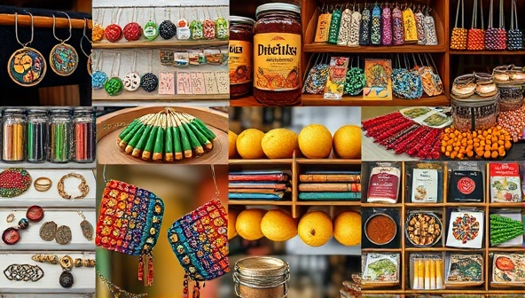 A digital collage of diverse artisan products, from handmade jewelry to artisanal foods, displayed in a virtual marketplace setting, with vibrant colors and intricate details showcasing the craftsmanship and uniqueness of each item, inviting customers to explore and support local artisans.