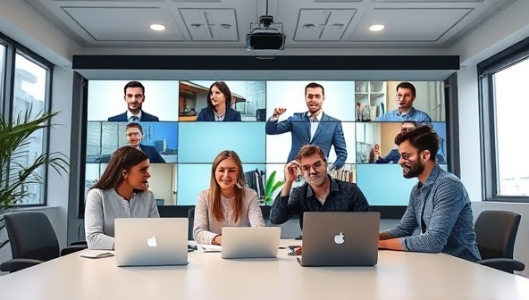 An image featuring a virtual conference room setting with a diverse group of professionals engaging in a telecommunication consultation session led by experts from TeleConsult Pro, illustrating the collaborative and insightful nature of the subscription-based service.