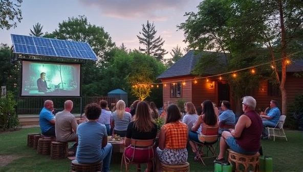 A sustainable image of an outdoor movie screening setup with solar panels powering the projector, attendees seated on upcycled or biodegradable seating options, surrounded by greenery and eco-friendly decor, creating a harmonious and environmentally conscious ambiance at an EcoCinema event.