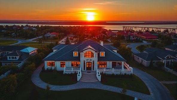 Aerial shot of a luxurious property at sunset, captured by a drone, showcasing the property's landscape, architecture, and surrounding amenities in a breathtaking and captivating manner, highlighting the essence of high-quality real estate photography.