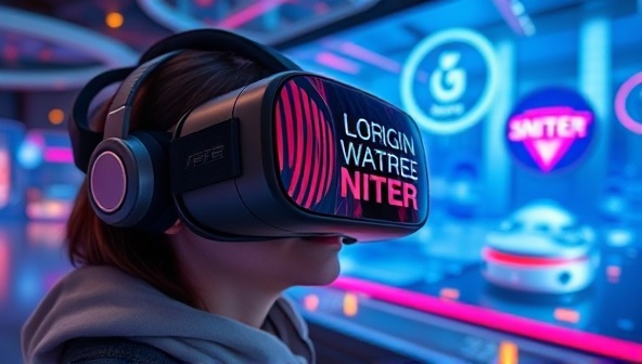 An immersive VR headset view of a user exploring a branded virtual world with interactive elements and engaging visuals, surrounded by a futuristic digital landscape, evoking a sense of wonder and excitement.