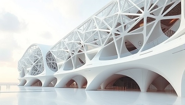 An architectural visualization of a parametric design concept featuring intricate geometries, dynamic patterns, and futuristic shapes, highlighting the avant-garde and innovative nature of parametric architecture in redefining architectural aesthetics and possibilities.