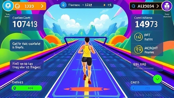 An engaging and colorful game interface showing a player avatar completing fitness challenges in a virtual world, surrounded by motivational messages and progress indicators, capturing the essence of gamified workouts.