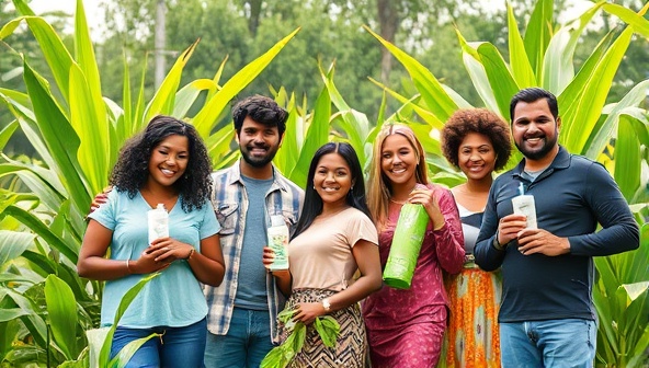 An eye-catching image of diverse brand ambassadors holding eco-friendly products in a lush, green environment, symbolizing sustainability and community advocacy.
