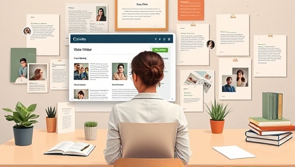 An artistic representation of a digital workspace with a writer curating their online portfolio using drag-and-drop features and customizing layout elements, surrounded by creative writing samples and testimonials, symbolizing professionalism and creativity in showcasing one's work online.
