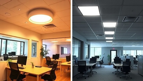 An office space transformed by energy-efficient LED lighting fixtures, casting a warm and inviting glow, with a before-and-after comparison showing the visual impact and energy savings achieved through the lighting upgrade, emphasizing the transformative power of sustainable lighting solutions.