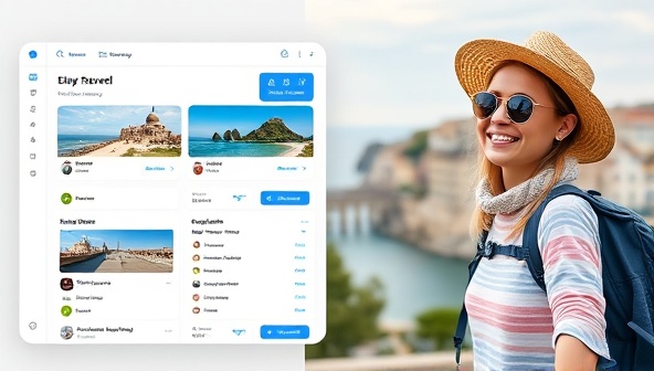 An AI-powered interface displaying a tailored travel itinerary with destination photos, activity suggestions, and accommodation options, alongside a happy traveler exploring a scenic location, highlighting the personalized and seamless travel planning experience offered by WanderGenie AI Travel.