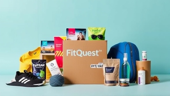 A dynamic visual concept of FitQuest's subscription box, featuring fitness gear, outdoor adventure essentials, and wellness products arranged in a vibrant and inviting display, symbolizing the excitement and motivation that subscribers can expect from their fitness journey with FitQuest.