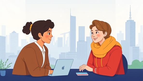 A heartwarming digital illustration featuring a mentor and mentee engaging in a virtual conversation, with a backdrop of a virtual cityscape symbolizing growth and connection facilitated by MentorConnects' platform.