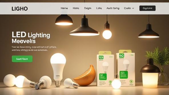 An e-commerce website homepage mockup showcasing a variety of LED lighting products, including smart bulbs, pendant lights, and outdoor fixtures, with eco-friendly packaging and energy-saving labels, conveying a modern and sustainable lighting shopping experience.