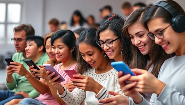 An artistic representation of a diverse group of gamers and trivia enthusiasts engaging with their smartphones, intensely focused on skill-based challenges and competing for cash rewards, capturing the essence of competitive online gaming.
