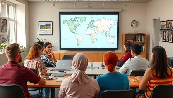 An engaging and dynamic online classroom setting with diverse avatars representing learners from around the world attending a virtual travel photography workshop, interacting with the instructor and sharing insights and tips, illustrating the collaborative and interactive nature of the Globetrotter Academy community.