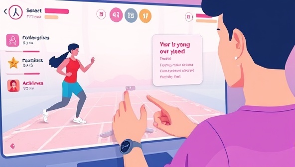 An illustration of a user interacting with the fitness app, shown as a game interface where the player's avatar performs exercises in a virtual world, with progress bars, achievements, and motivational messages enhancing the gaming-fitness experience.