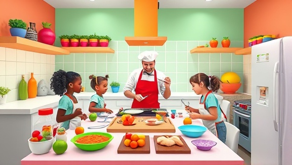 A vibrant virtual kitchen setting with colorful ingredients, cooking utensils, and a child-friendly chef instructor leading a group of young participants in a fun and educational cooking session, sparking joy and culinary creativity.