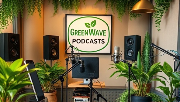 An artistic representation of a podcast studio setup with microphones, soundproofing panels, and recording equipment, surrounded by greenery and eco-friendly decor, capturing the essence of sustainability and creativity in the podcasting world of GreenWave Podcasts.