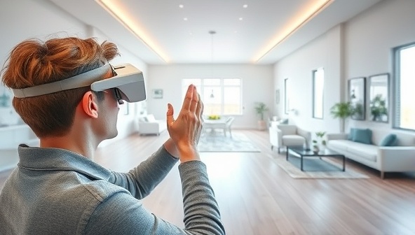 An individual using AR glasses to explore a virtual house tour overlaid on an empty room, interacting with virtual furniture and design elements, creating a futuristic and engaging visual experience.
