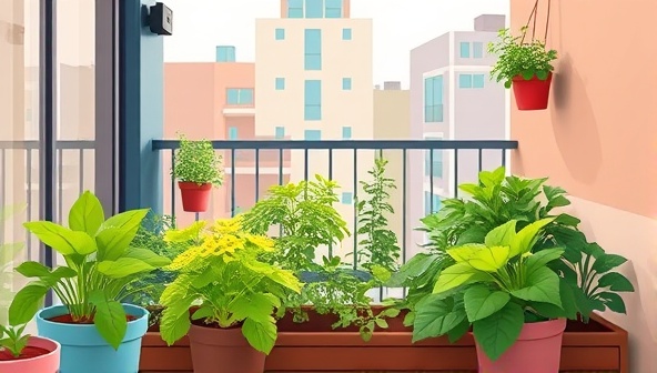 An illustration of a modern apartment balcony transformed into a lush urban garden with smart gardening devices, showcasing a vibrant mix of vegetables and herbs thriving in a small space.