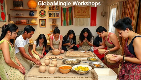 An interactive cultural workshop setting with participants engaged in pottery making, weaving textiles, and cooking traditional dishes, surrounded by vibrant cultural artifacts and decorations, capturing the essence of global cultural immersion with GlobalMingle Workshops.