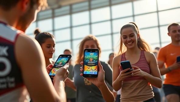An inspiring visual of users engaging in fitness activities while interacting with the FitQuest Gaming app on their smartphones, earning rewards and completing challenges in a gamified fitness environment, promoting a healthy and active lifestyle.
