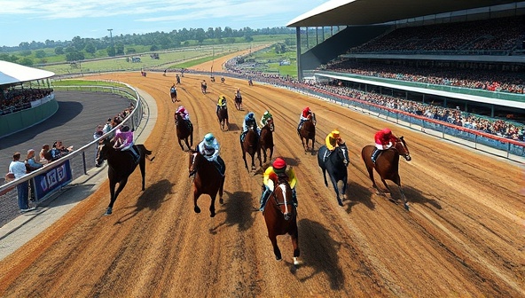 An immersive visualization of a virtual horse racing track with digital horses, jockeys, and spectators in a thrilling race, featuring dynamic camera angles and realistic animations, capturing the excitement and competitiveness of VirtualSteed Racing's interactive horse racing simulator.