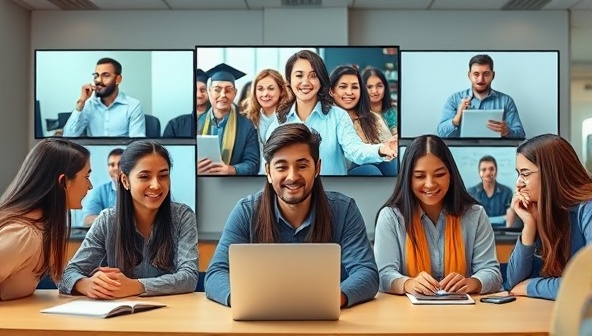 An engaging and dynamic image of recent graduates participating in a virtual career development bootcamp, engaging in mock interviews, networking sessions, and skill-building workshops led by industry professionals, conveying a sense of growth and empowerment in their career journeys.