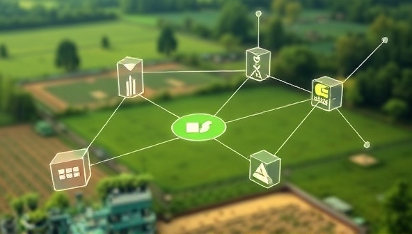A digital representation of a blockchain network connecting farm fields, processing facilities, transportation routes, and retail stores, with transparent data blocks representing each stage of the supply chain, highlighting the trust and accountability offered by blockchain traceability in agriculture.