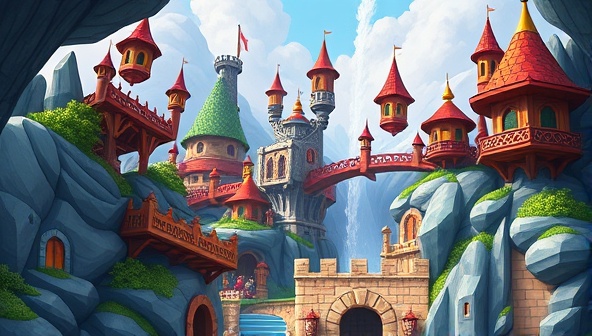 An interactive and colorful fantasy-themed world where users navigate through different levels and challenges related to web design, collecting virtual badges and rewards as they complete quests and enhance their design skills, creating a dynamic and immersive learning environment within DesignQuest Academy.