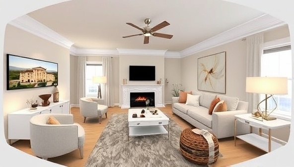 An immersive VR experience showcasing a virtual living room design with customizable furniture, lighting options, and decor elements, providing a realistic and interactive preview of DreamSpace Design's virtual home design consultations.
