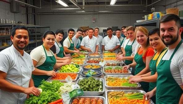 An image of a vibrant community kitchen bustling with volunteers and chefs creatively transforming surplus ingredients into nutritious meals, surrounded by smiling faces and a diverse array of dishes, conveying unity, sustainability, and purpose.