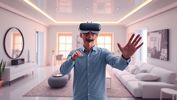 A futuristic digital room with virtual reality headsets, where a client is immersed in a 3D home design experience, moving virtual furniture and changing wall colors with a wave of their hand.