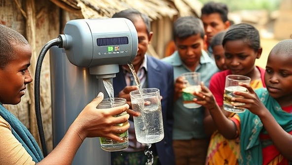 A vibrant image of the solar-powered water filtration system in action, showing clear water flowing from the system into glasses held by diverse groups of people in a remote village setting, highlighting the impact and effectiveness of the product.