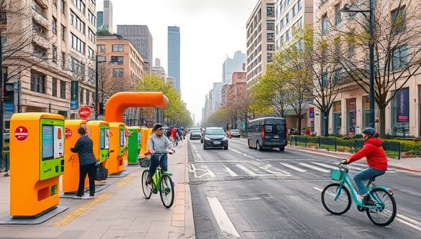 A vibrant cityscape with colorful bike-sharing stations dotted along bustling streets, showcasing riders picking up bikes, cycling through urban parks, and enjoying scenic routes, capturing the active and eco-friendly lifestyle promoted by BikeBuddy's subscription-based bicycle sharing network.
