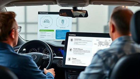 A virtual car diagnostic session in progress, with an automotive expert guiding a user through troubleshooting steps on a digital interface, displaying diagnostic codes, wiring diagrams, and repair instructions, demonstrating the convenience and effectiveness of the tech support service.