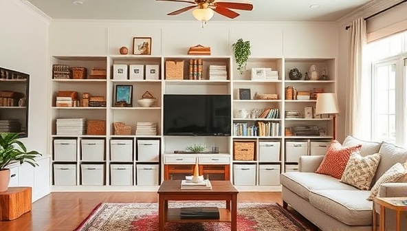 An inviting and well-organized living room space featuring neatly arranged shelves, labeled storage bins, and a cozy reading nook, showcasing the transformative power of efficient home organization.