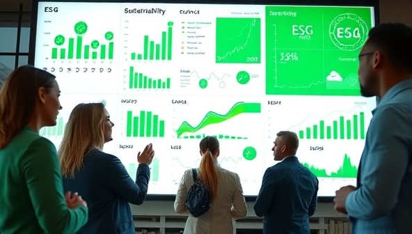 An impactful visual of a diverse group of corporate professionals analyzing sustainability data on a large interactive screen, with eco-friendly icons and green metrics displaying ESG performance indicators, symbolizing the commitment to sustainability and transparency facilitated by ESG Pro's platform.