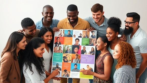 A diverse group of individuals from various backgrounds gathered around a vibrant and inclusive ad display, reflecting the unity and diversity celebrated in UnityBlend Ads' inclusive diversity campaigns.