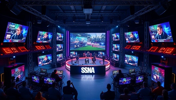An immersive visual of a virtual gaming event setup, featuring multiple screens streaming different games, a central stage for commentators, and a virtual audience interacting through chat and emotes, creating a dynamic and engaging atmosphere for participants.
