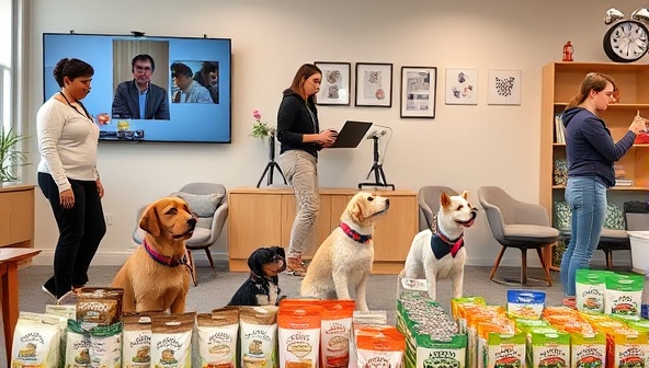 A virtual pet training session with trainers demonstrating positive reinforcement techniques, pet owners engaging with their furry companions in training exercises, and a variety of pet toys and treats on display, creating a warm and encouraging environment for virtual pet training workshops.