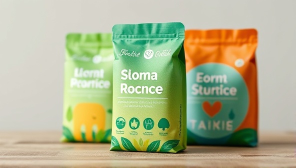 An image showing a creative and eye-catching sustainable packaging design with vibrant colors and eco-friendly symbols, emphasizing the concept of environmental responsibility and innovation.