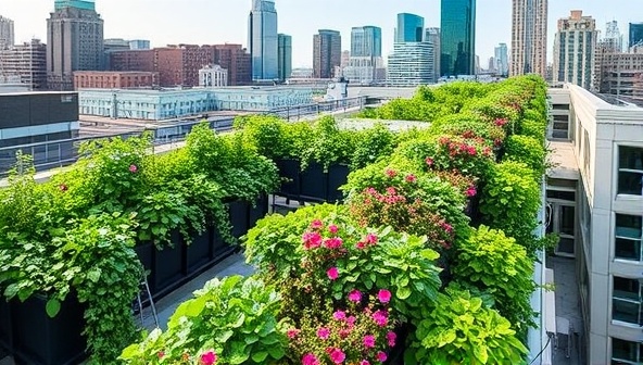 An urban rooftop transformed into a lush vertical garden paradise, featuring cascading plants, colorful flowers, and thriving herbs against a backdrop of city skyscrapers, illustrating the beauty and functionality of SkyGreens Urban's innovative urban gardening solutions.