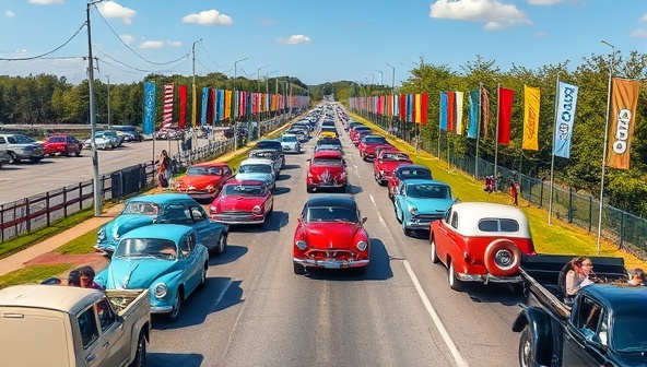 A scenic drive-thru route lined with vintage and iconic vehicles displayed on both sides, each car accompanied by informative plaques, colorful banners fluttering in the wind, families and car enthusiasts exploring the museum from their vehicles, capturing the essence of a unique and immersive automotive experience.