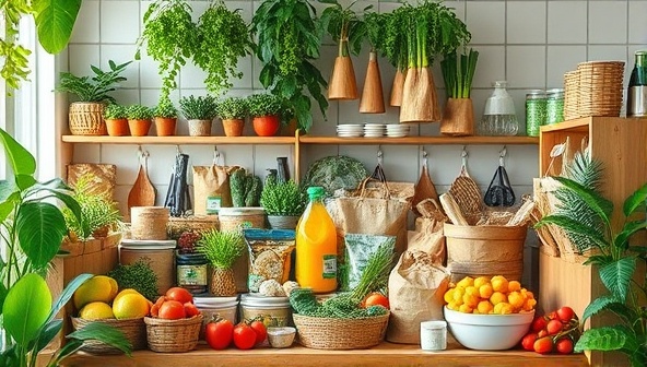 An eco-friendly marketplace interface showcasing a variety of sustainable food products, reusable packaging, organic produce, and environmentally friendly kitchen accessories, surrounded by green plants and natural elements, conveying a sense of eco-consciousness and sustainability in food choices.