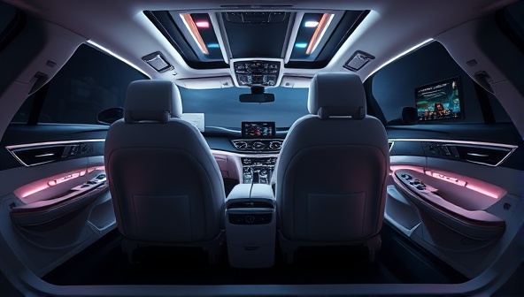 An elegant digital rendering showcasing a transformed car interior design, featuring plush leather seats, ambient lighting effects, state-of-the-art entertainment systems, and a sleek dashboard layout, symbolizing luxury, comfort, and sophistication in automotive customization.