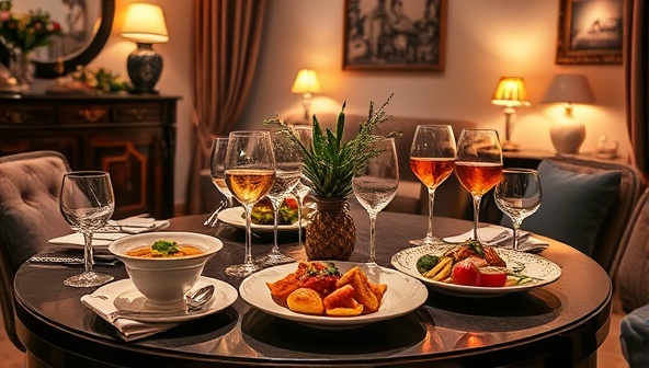 An upscale home setting with a beautifully arranged food and beverage pairing setup, including fine glassware, gourmet dishes, and premium drinks, surrounded by elegant decorations and soft lighting, evoking a sense of luxury and refined taste in culinary experiences.